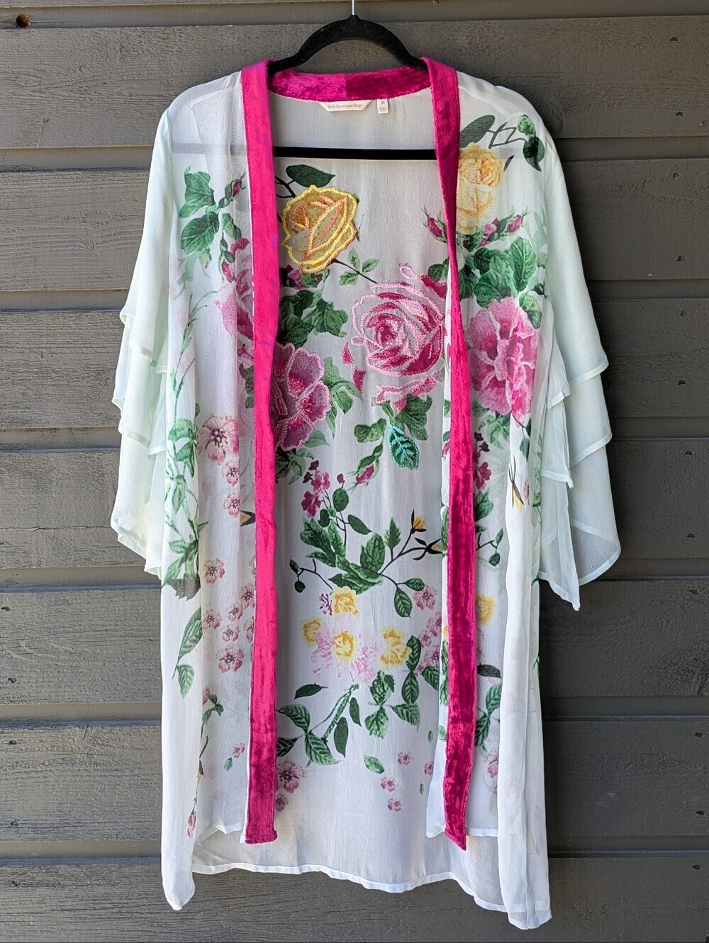Soft Surroundings Embroidered Rose Floral Open Front Kimono Wrap Size XS Boho